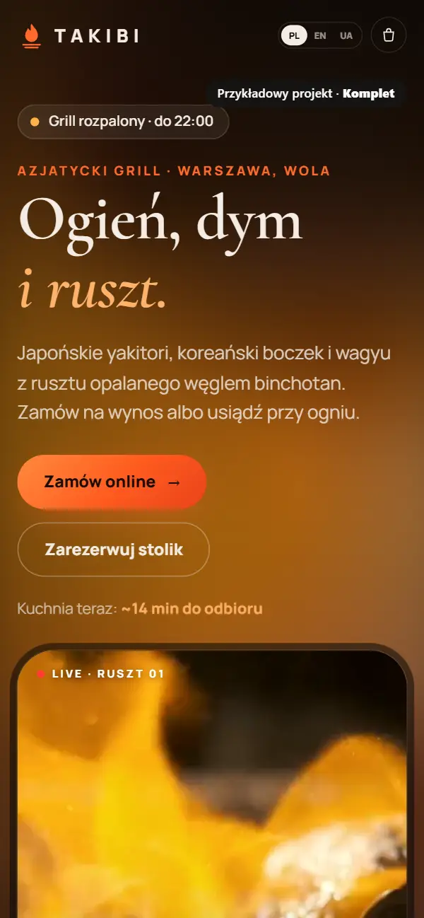 Pierwszy ekran przykładowej strony restauracji na telefonie
