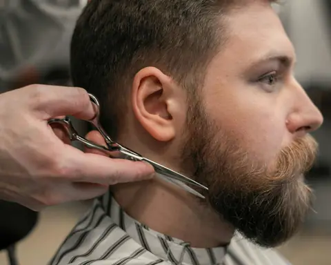Barber trymuje brodę nożyczkami