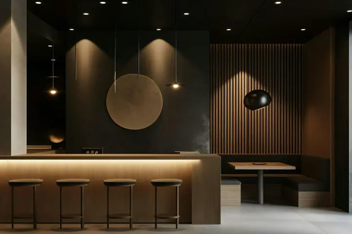 Ciemna sala restauracji z ciepłym światłem